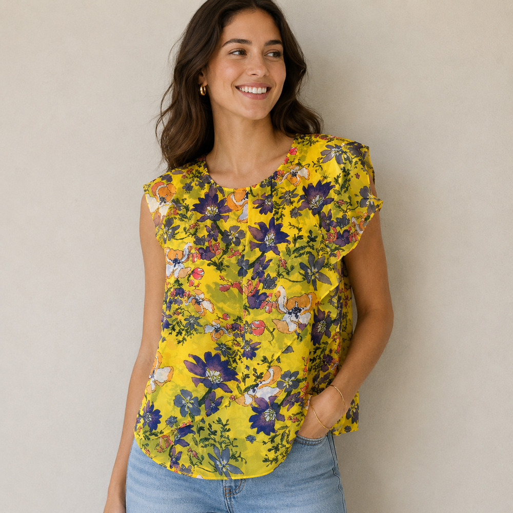 Anthropologie HD In Paris Sungarden Yellow Floral Ruffle Top Size 4